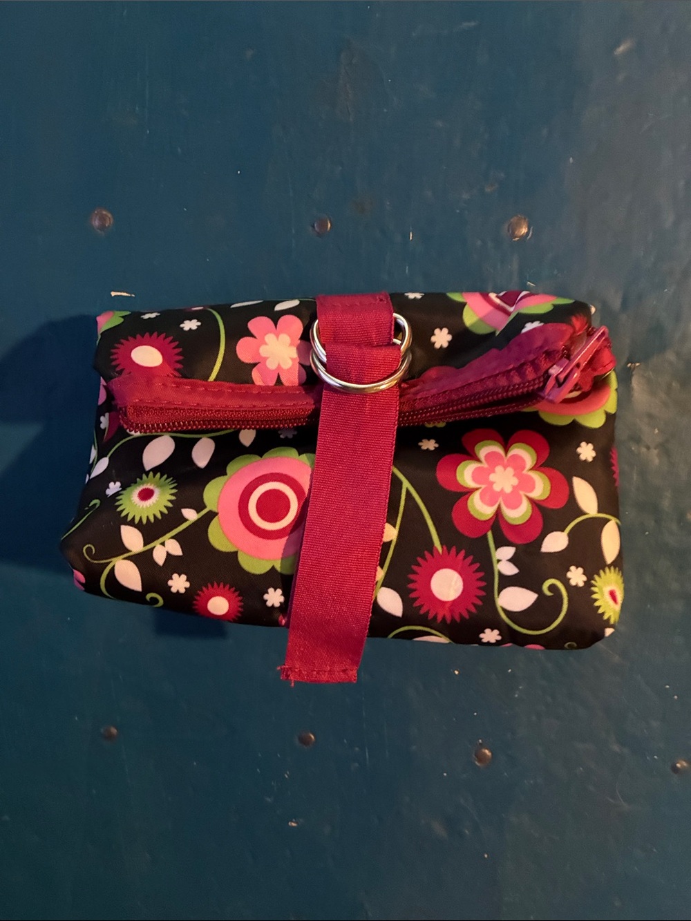 Floral Fold-Over Cosmetic Pouch in Hot Pink and Black